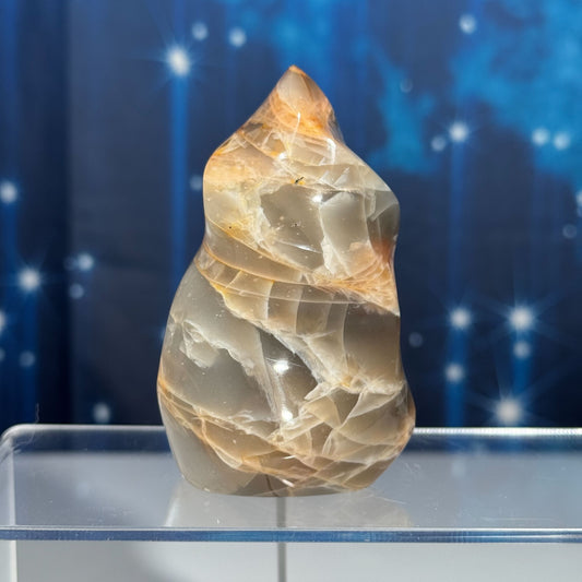 Flashy Black and Peach Moonstone flame with Sunstone