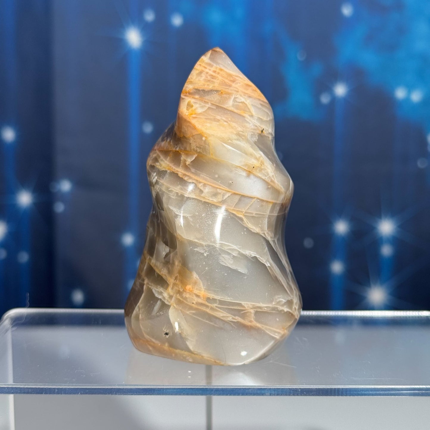 Flashy Black and Peach Moonstone flame with Sunstone