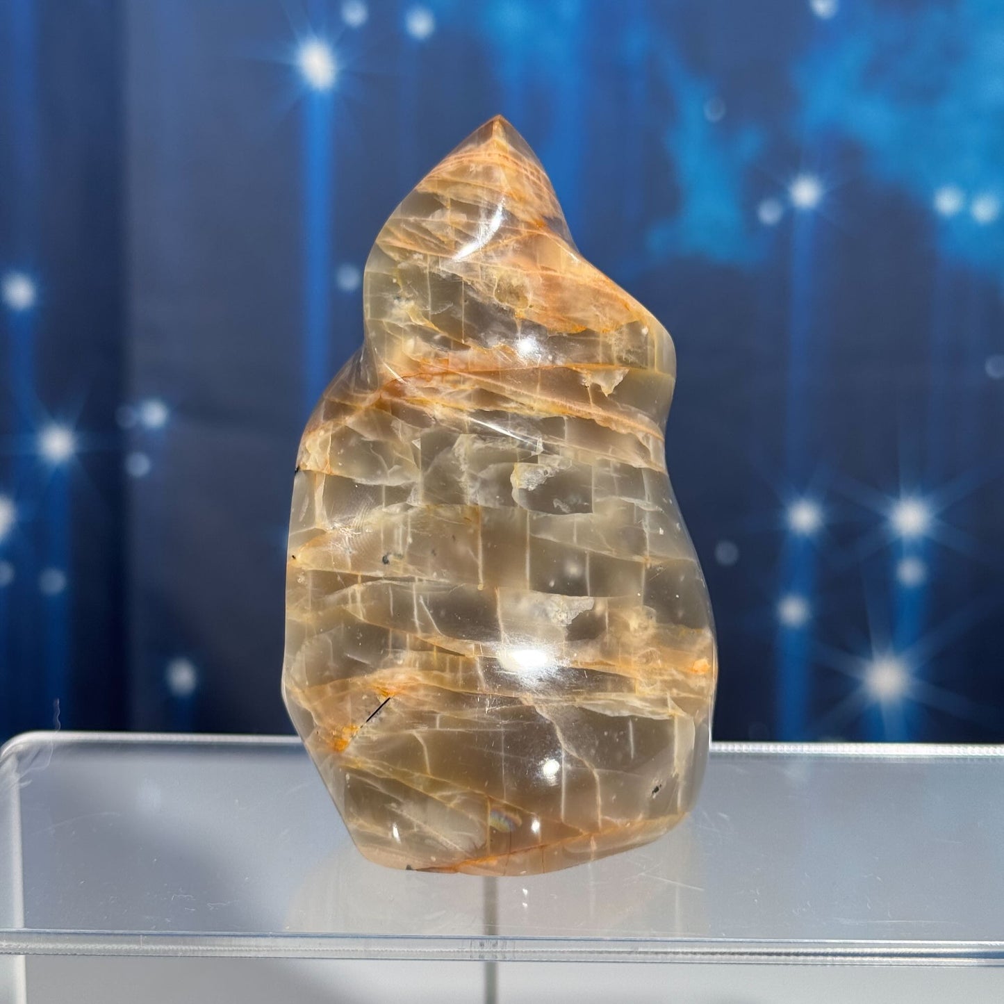 Flashy Black and Peach Moonstone flame with Sunstone