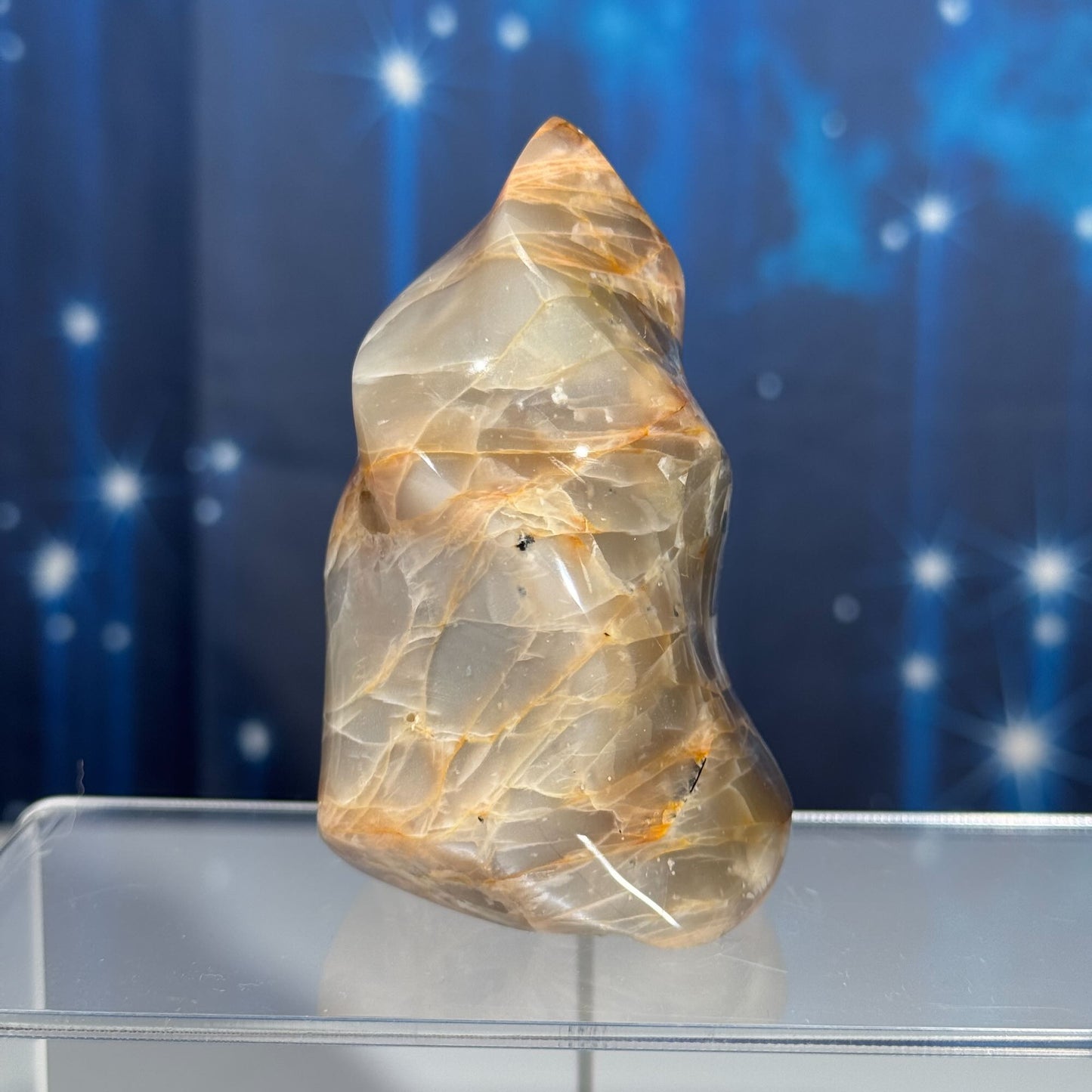 Flashy Black and Peach Moonstone flame with Sunstone