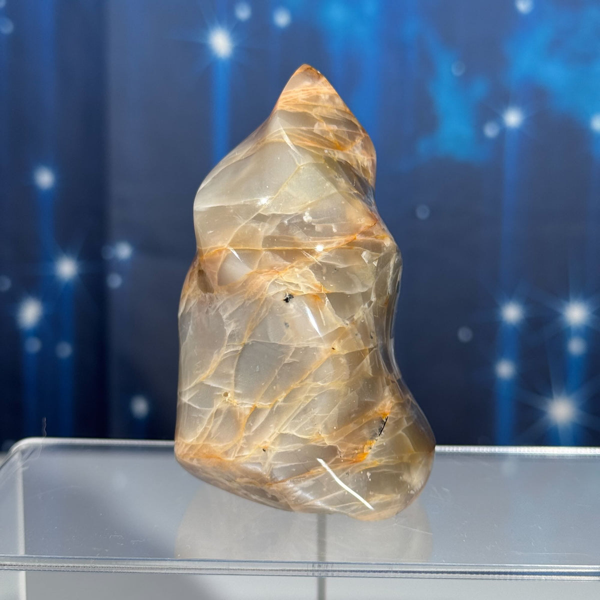 Flashy Black and Peach Moonstone Flame with Sunstone – 0.289 kg