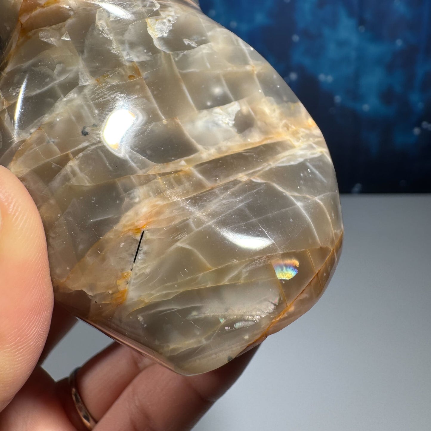 Flashy Black and Peach Moonstone flame with Sunstone
