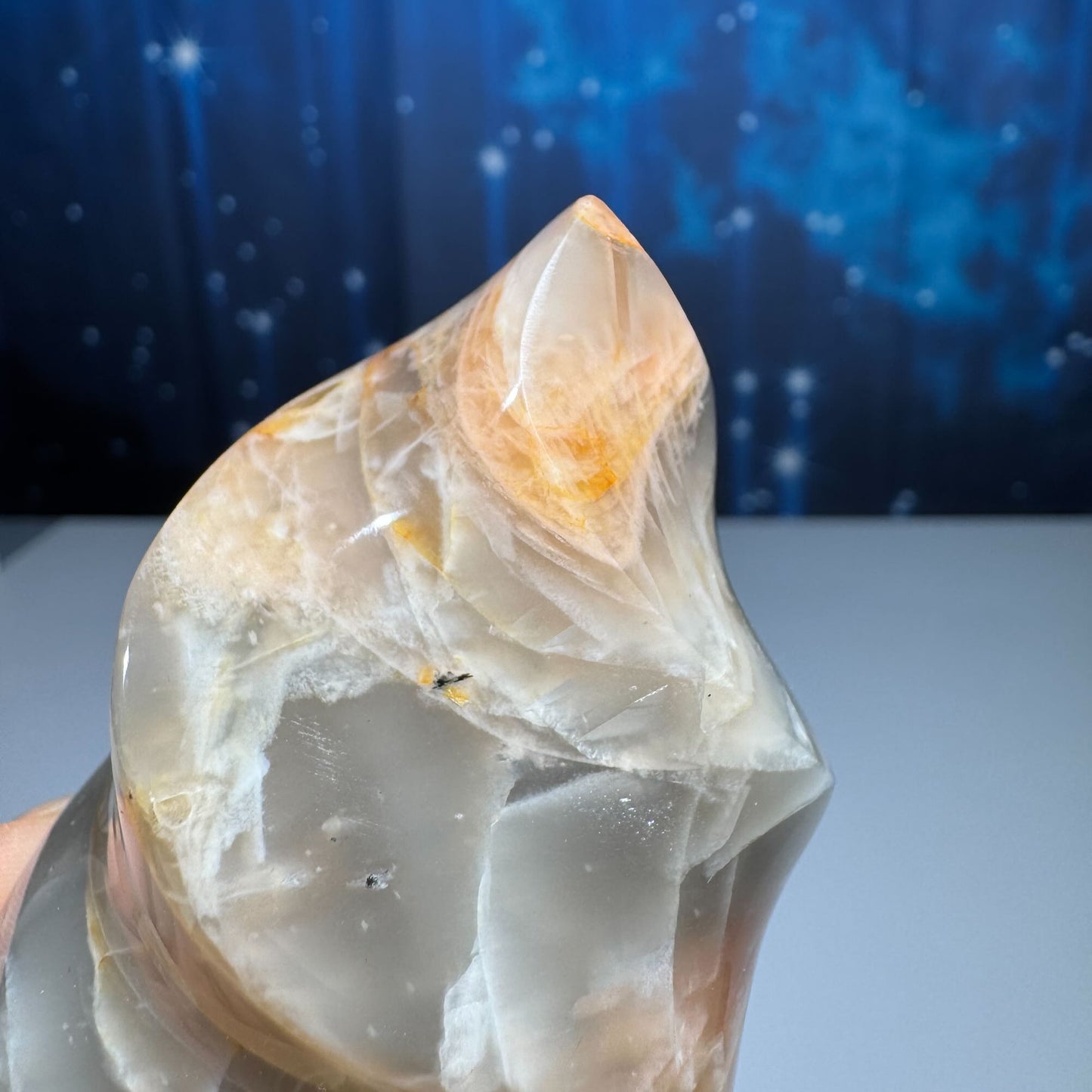 Flashy Black and Peach Moonstone flame with Sunstone