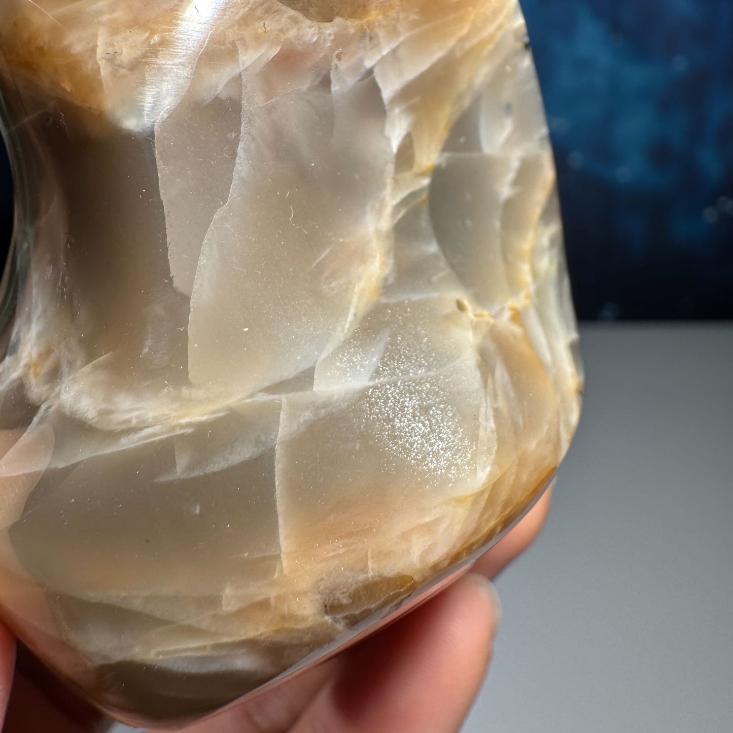 Flashy Black and Peach Moonstone flame with Sunstone