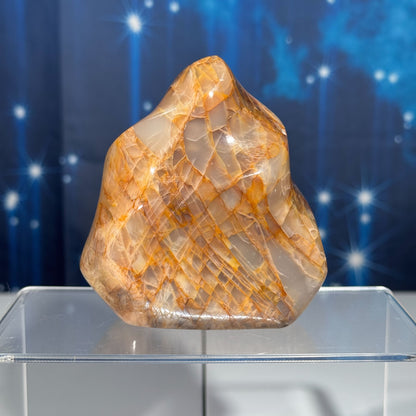 Flashy black and peach moonstone flame - 3 3/8 × 1 5/8 × 3 5/8 in - 1 lb 0.4 oz