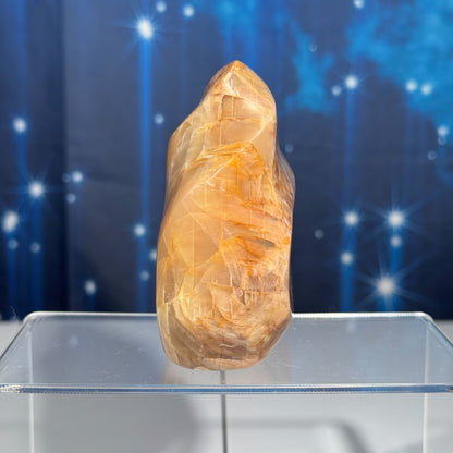 Flashy black and peach moonstone flame - 3 3/8 × 1 5/8 × 3 5/8 in - 1 lb 0.4 oz