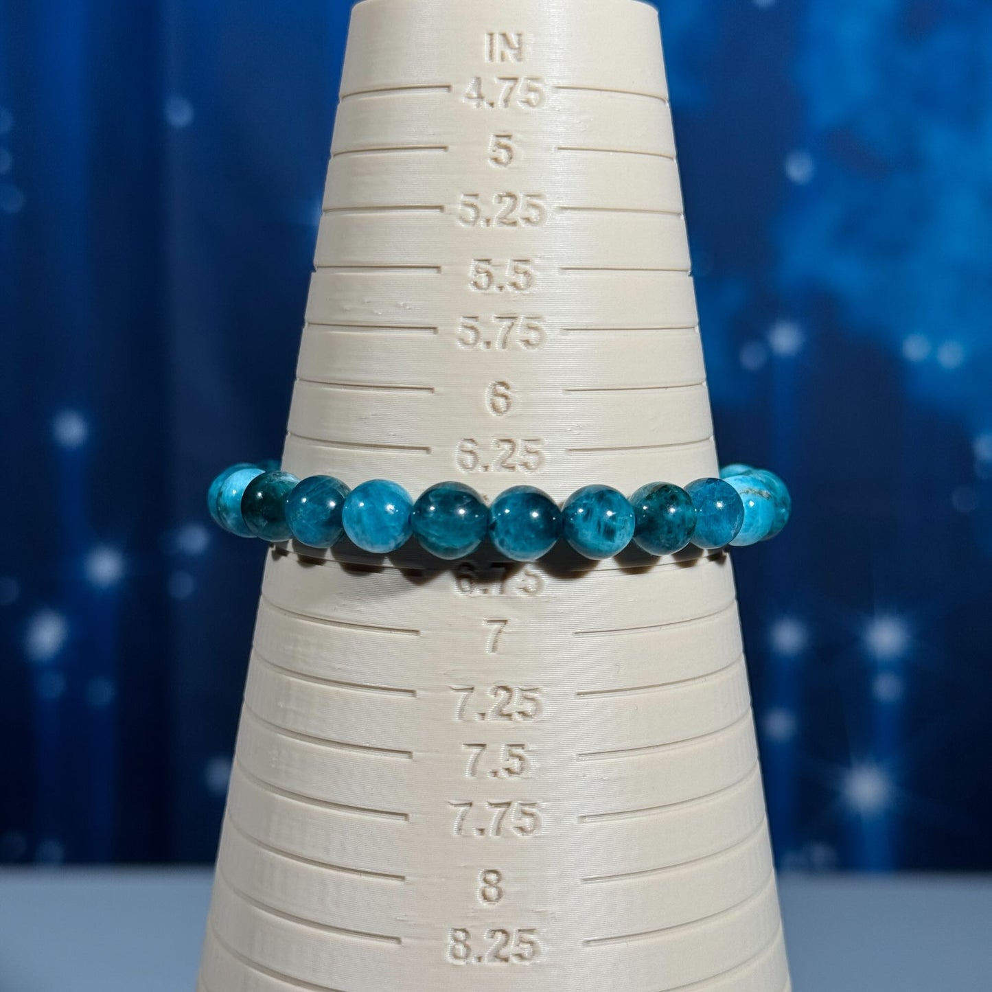 One (1) Blue Apatite bracelet – stretchy 7mm beads