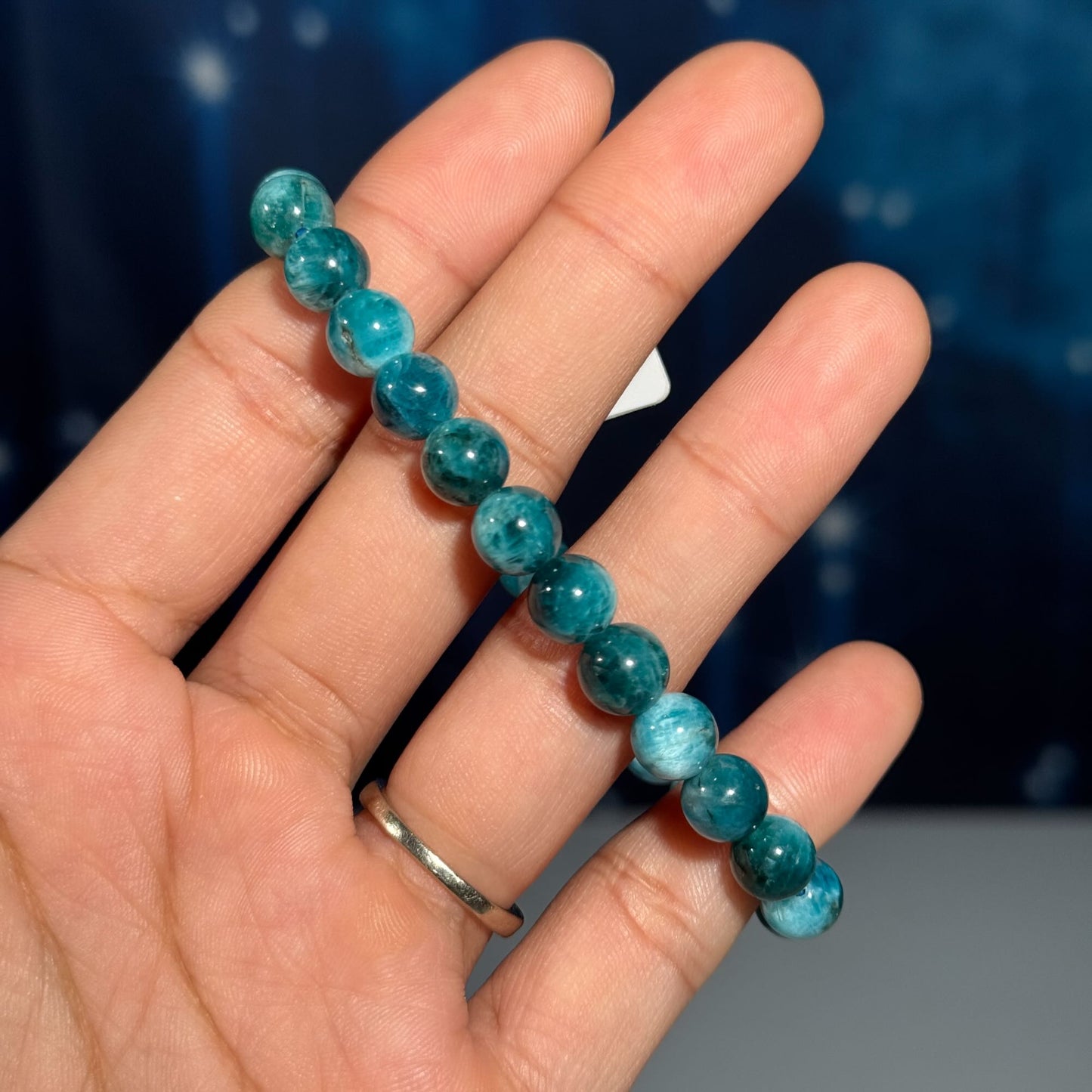 One (1) Blue Apatite bracelet – stretchy 7mm beads