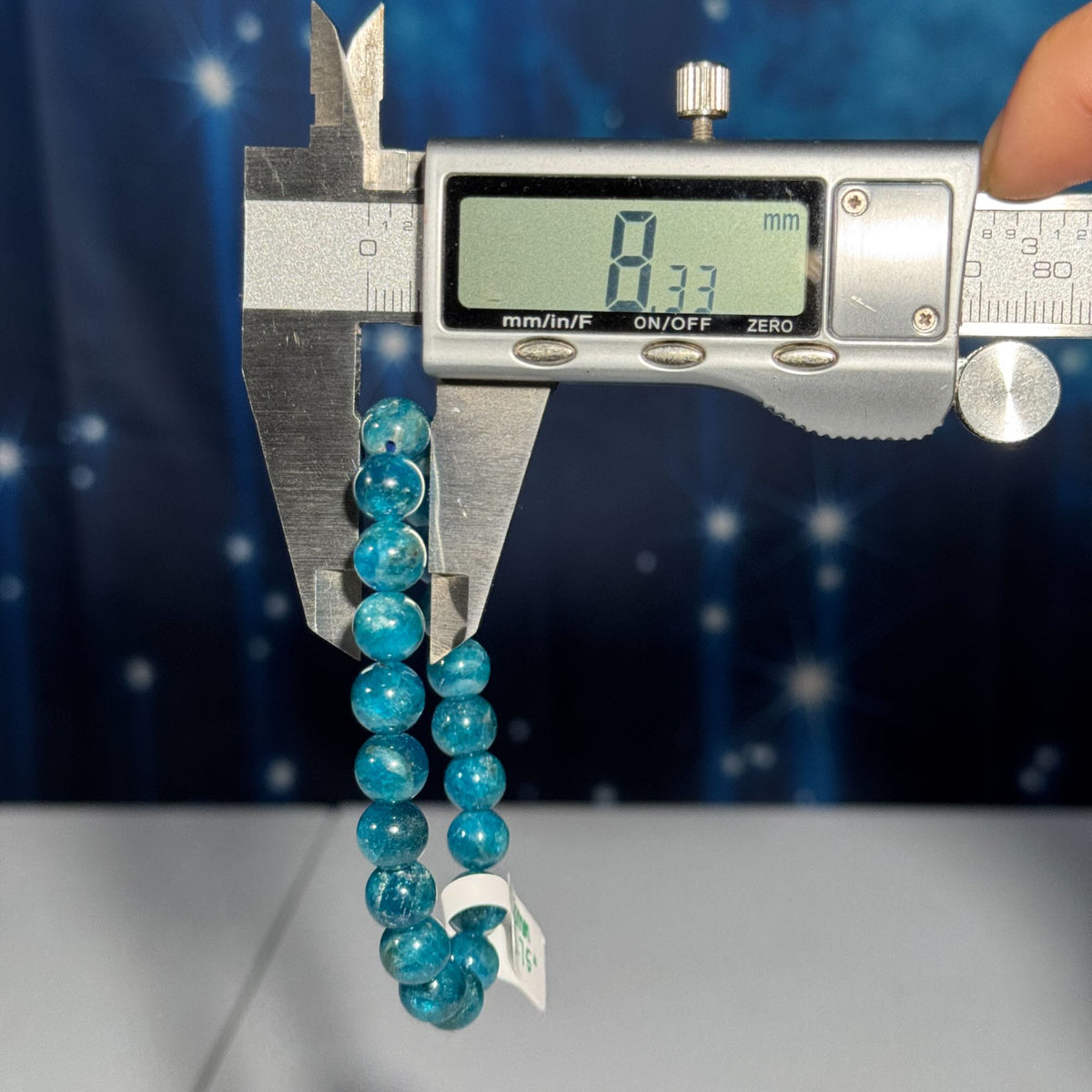 One (1) Blue apatite bracelet – 8mm beads - fits 6.5" wrist