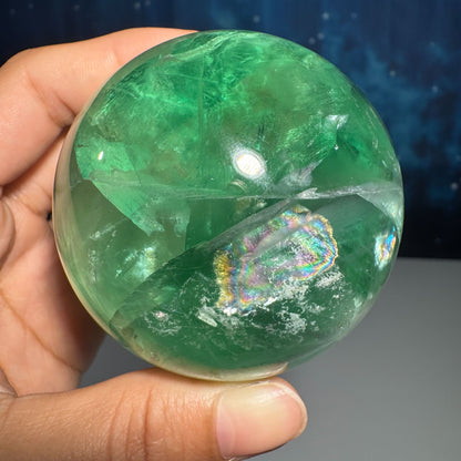 Green Fluorite sphere - 65mm - 1 lb 0.8 oz - lots of rainbows