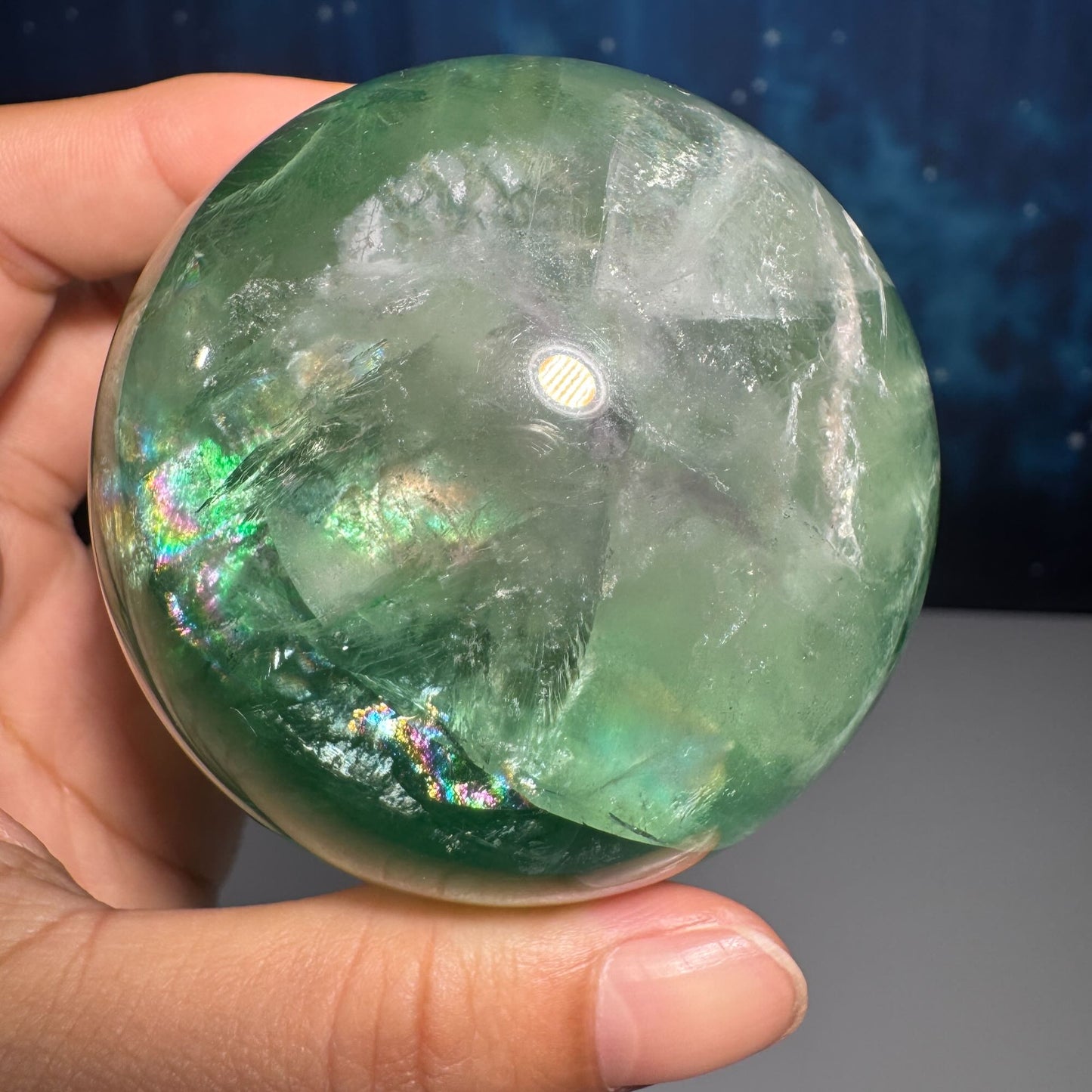 Green Fluorite sphere | lots of rainbows