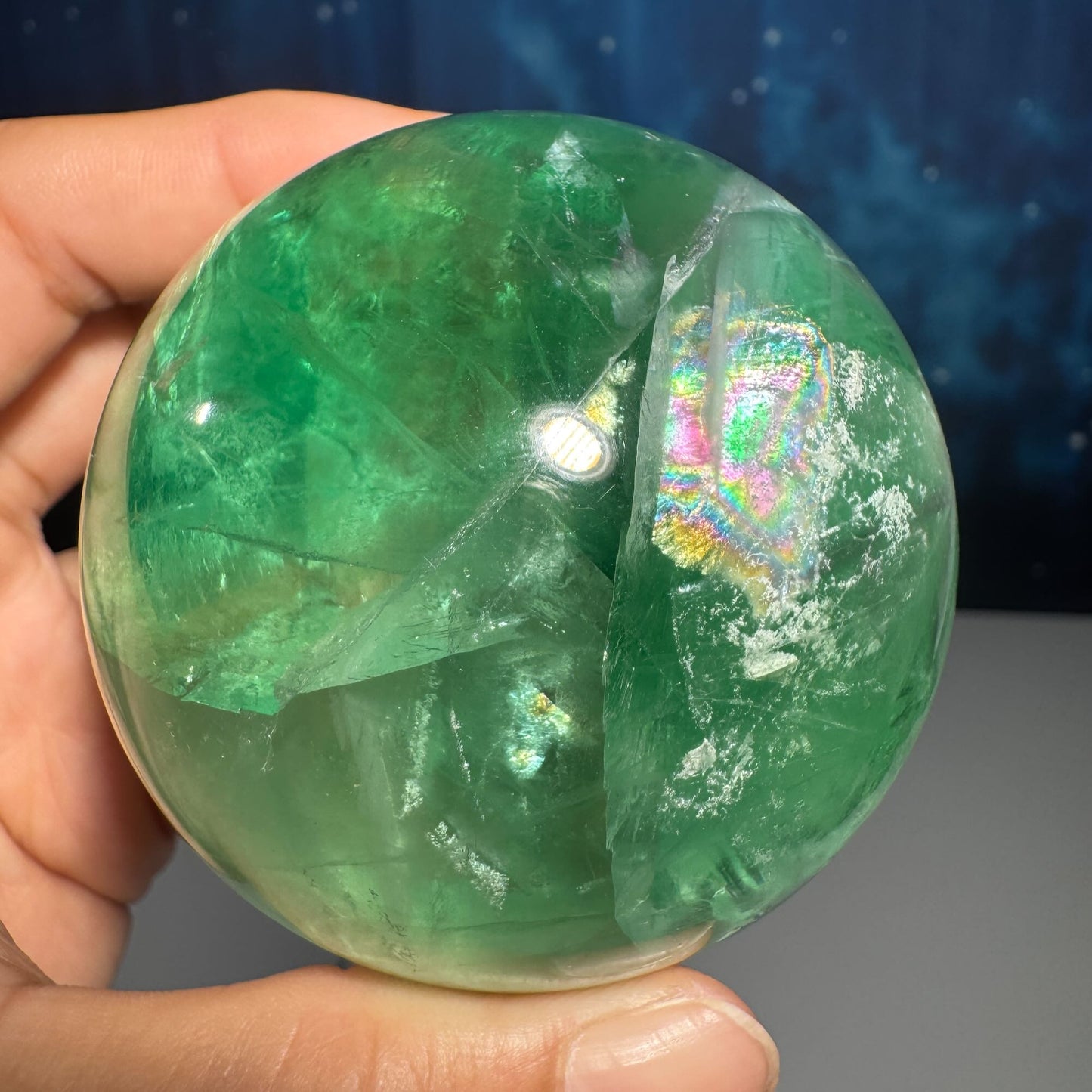 Green Fluorite sphere | lots of rainbows