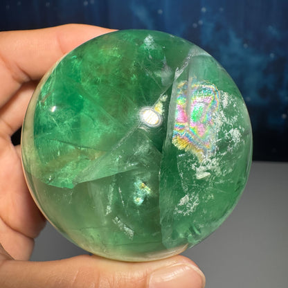 Green Fluorite sphere - 65mm - 1 lb 0.8 oz - lots of rainbows