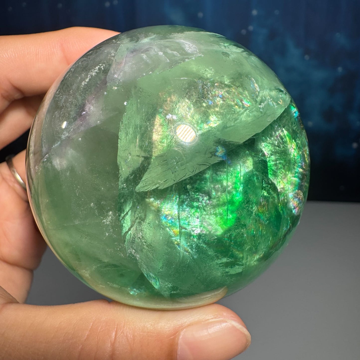 Green Fluorite sphere | lots of rainbows
