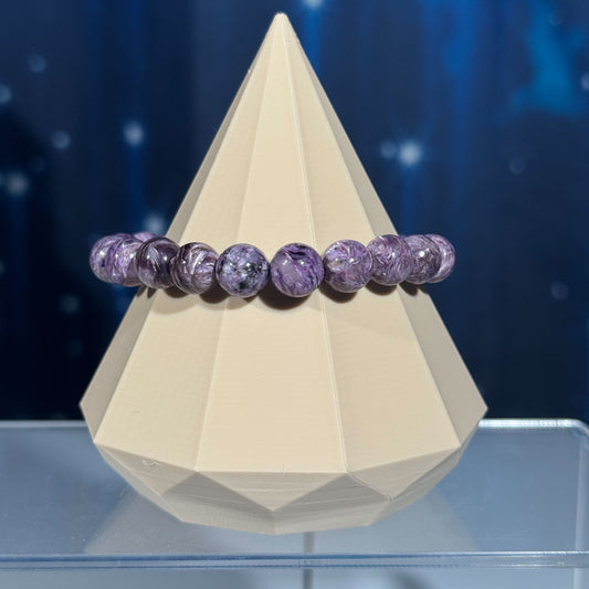One (1) Charoite bracelet | stretchy | 9mm beads | Flashy