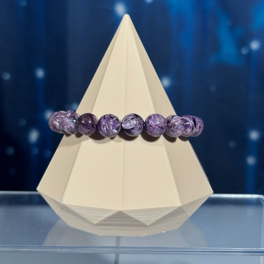 One (1) Charoite bracelet | stretchy | 9mm beads | Flashy