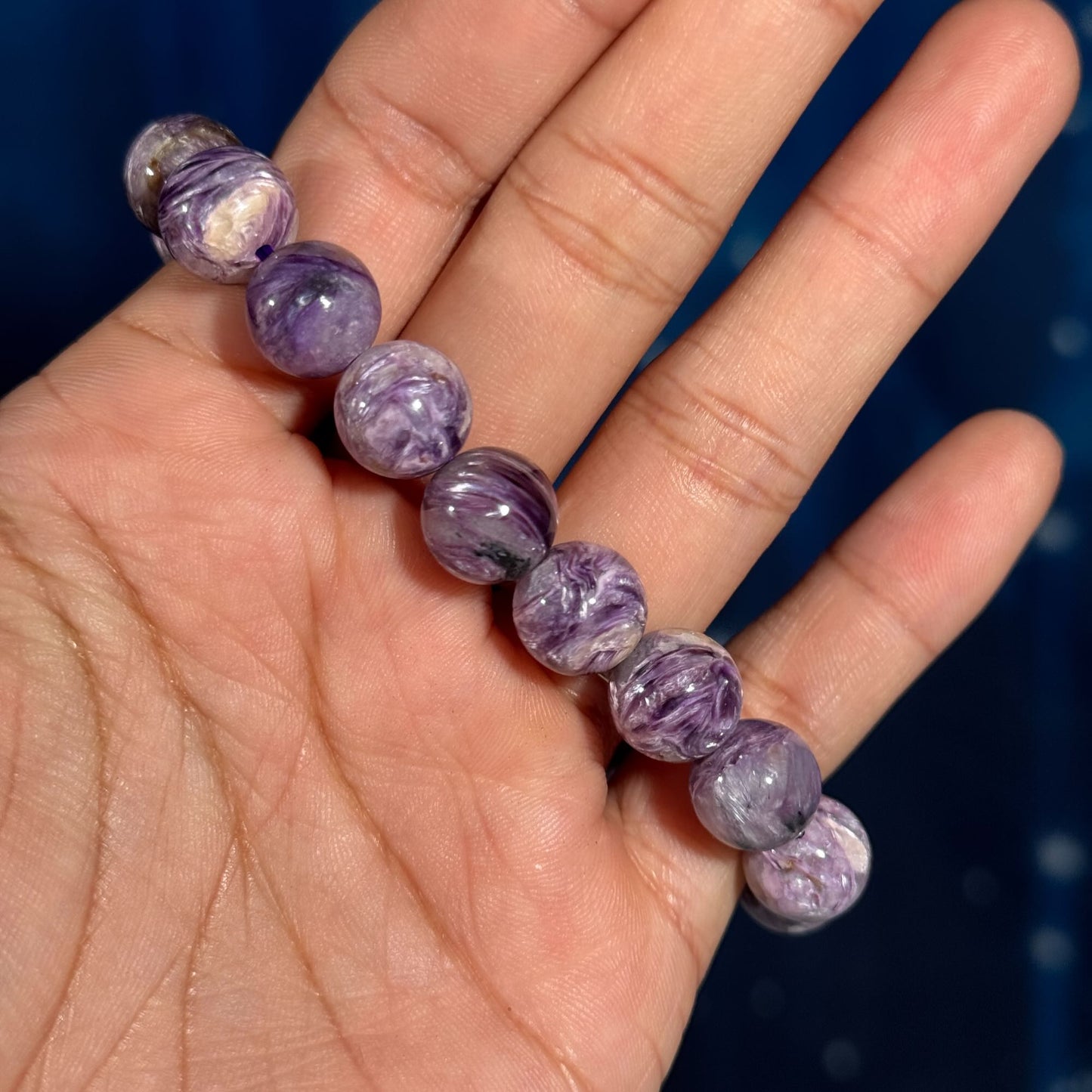 One (1) Charoite bracelet | stretchy | 11mm beads | Flashy