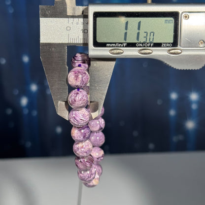 One (1) Charoite bracelet - 11mm beads, fits  6.5" wrist - flashy