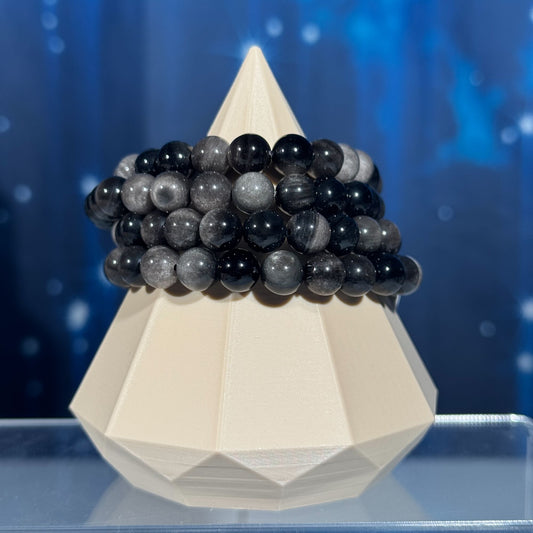 One (1) Silver Sheen Obsidian bracelet | stretchy | 8mm beads | Flashy