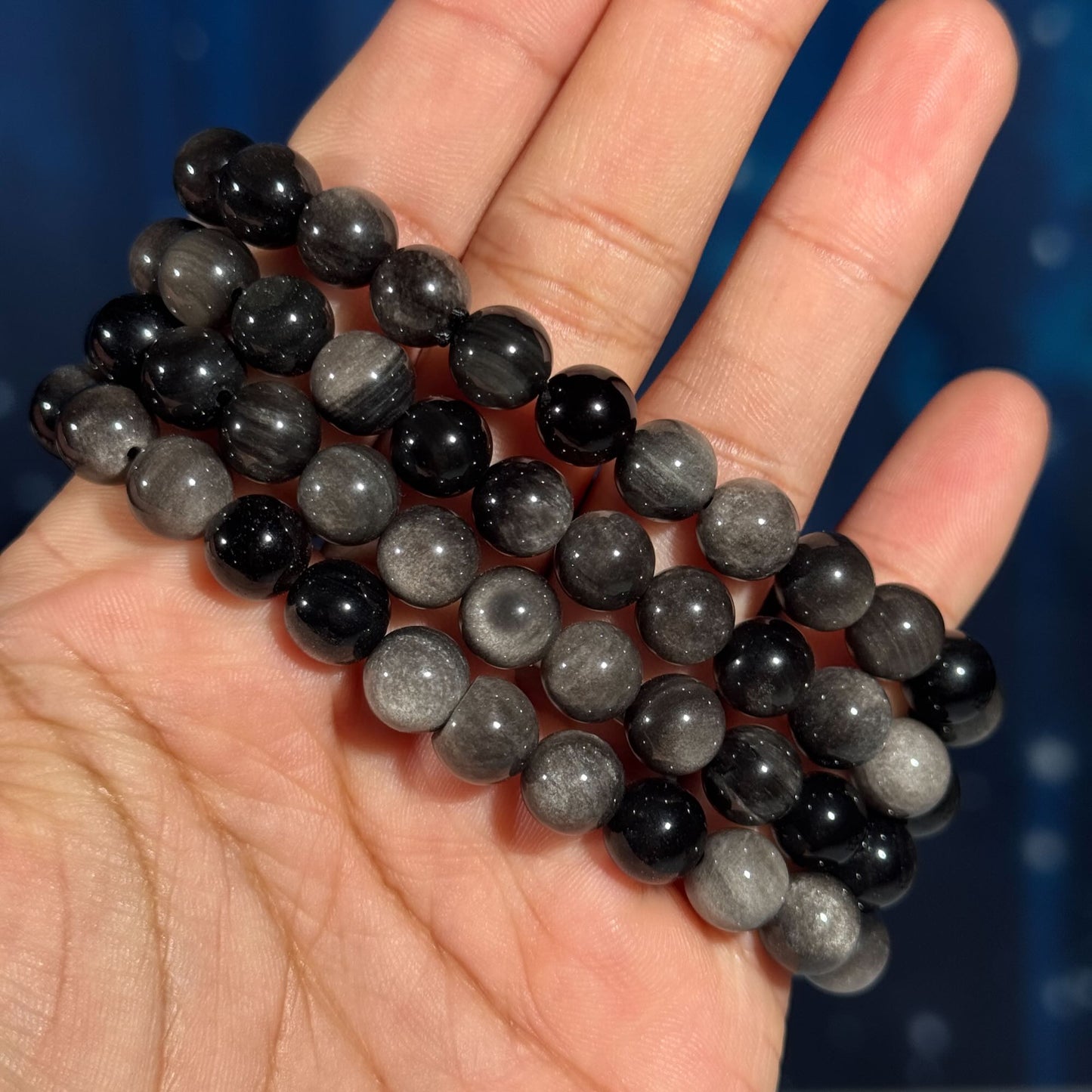 One (1) Silver Sheen Obsidian bracelet | stretchy | 8mm beads | Flashy
