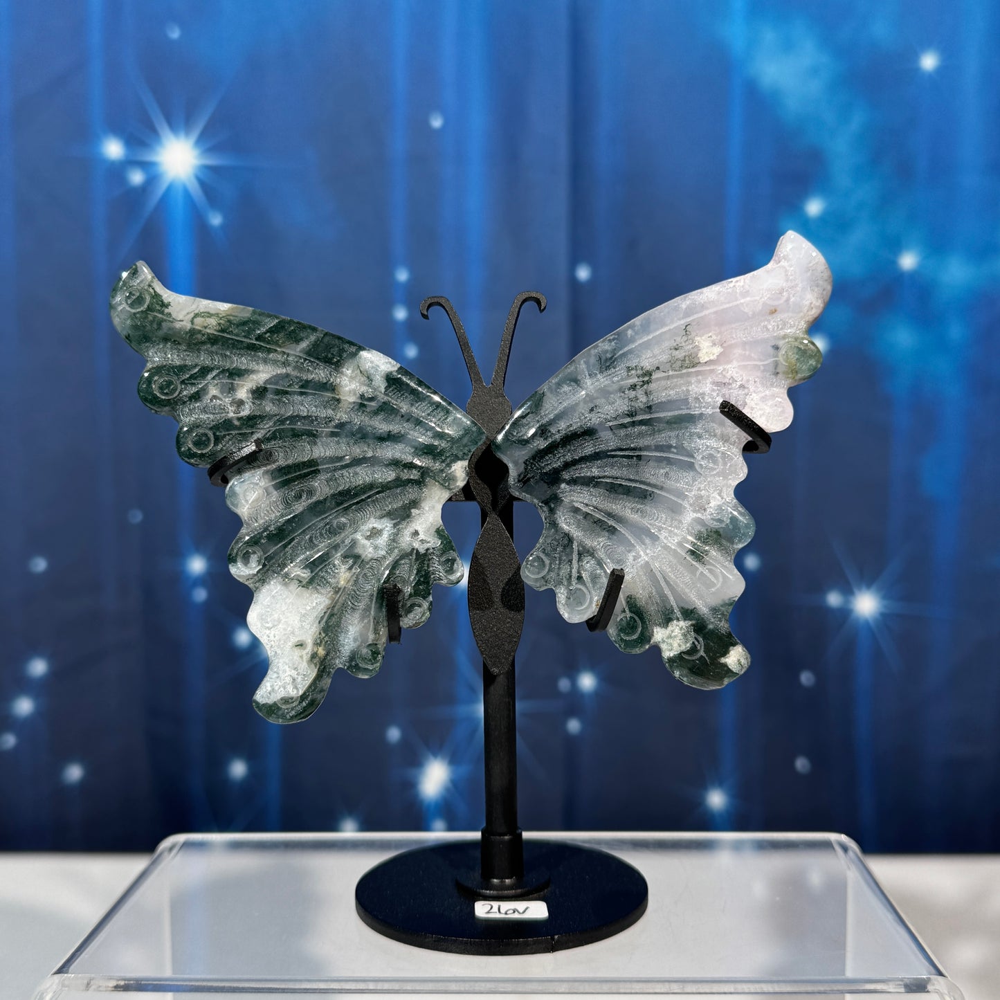 Moss Agate Butterfly on Stand – 0.176 kg