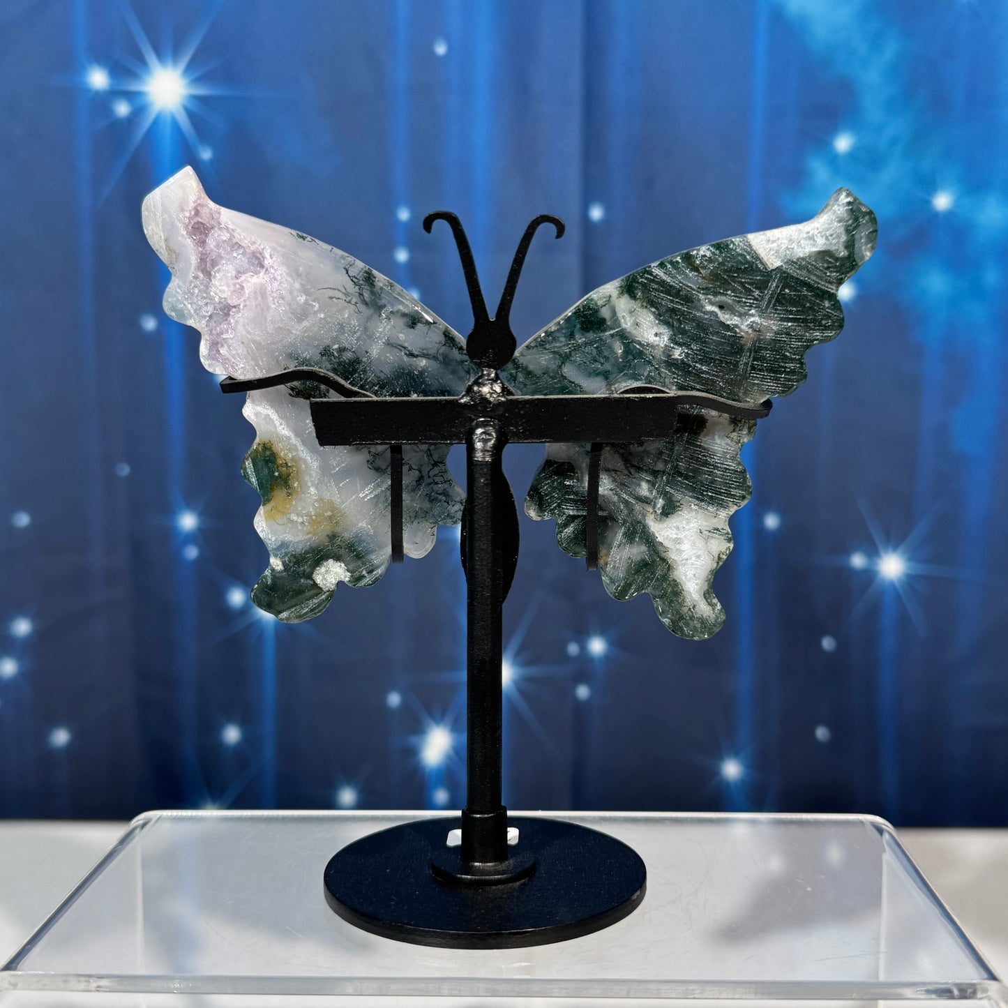 Moss Agate Butterfly on Stand – 0.176 kg