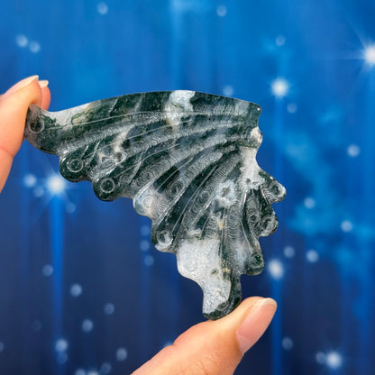 Moss Agate Butterfly on Stand – 0.176 kg