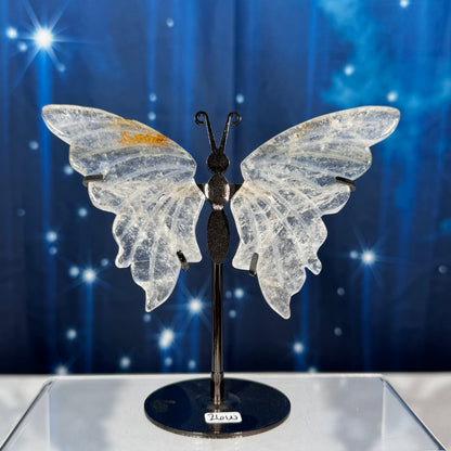 Clear Quartz with Iron Butterfly on Stand – Golden Healer • 0.136 kg