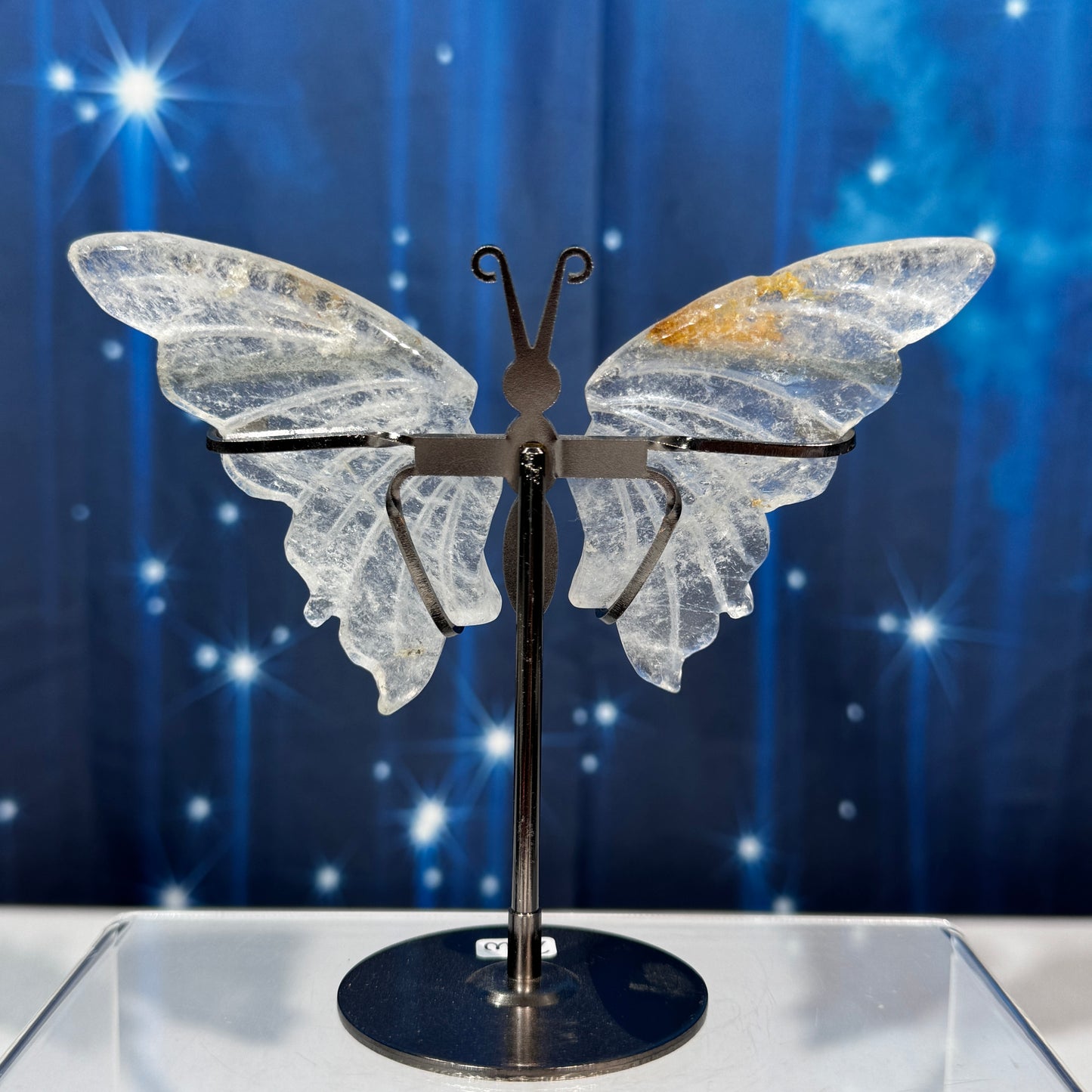 Clear Quartz with Iron Butterfly on Stand – Golden Healer • 0.136 kg