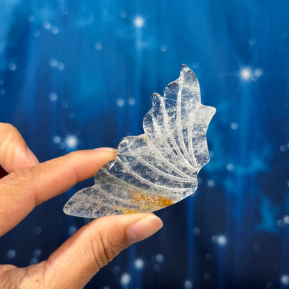 Clear Quartz with Iron Butterfly on Stand – Golden Healer • 0.136 kg
