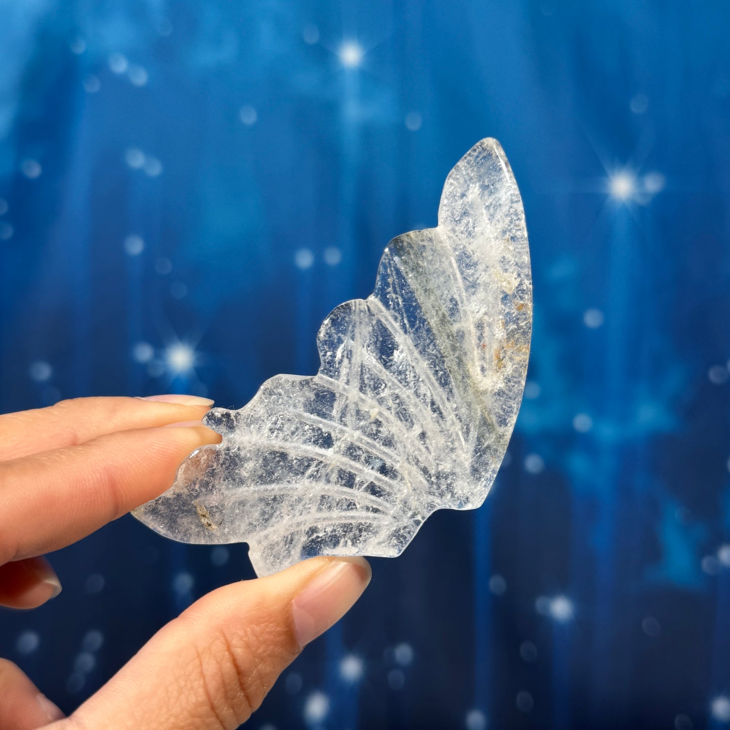 Clear Quartz with Iron Butterfly on Stand – Golden Healer • 0.136 kg