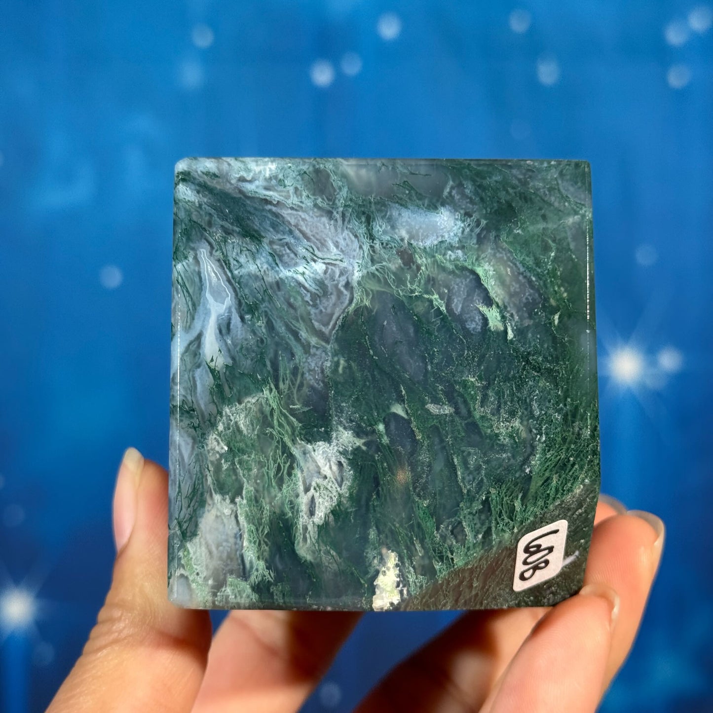 Moss Agate Cube – Corner-Standing • 0.544 kg