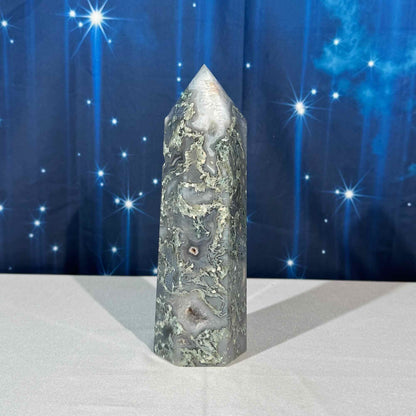 Moss Agate Druzy Tower – 1.089 kg