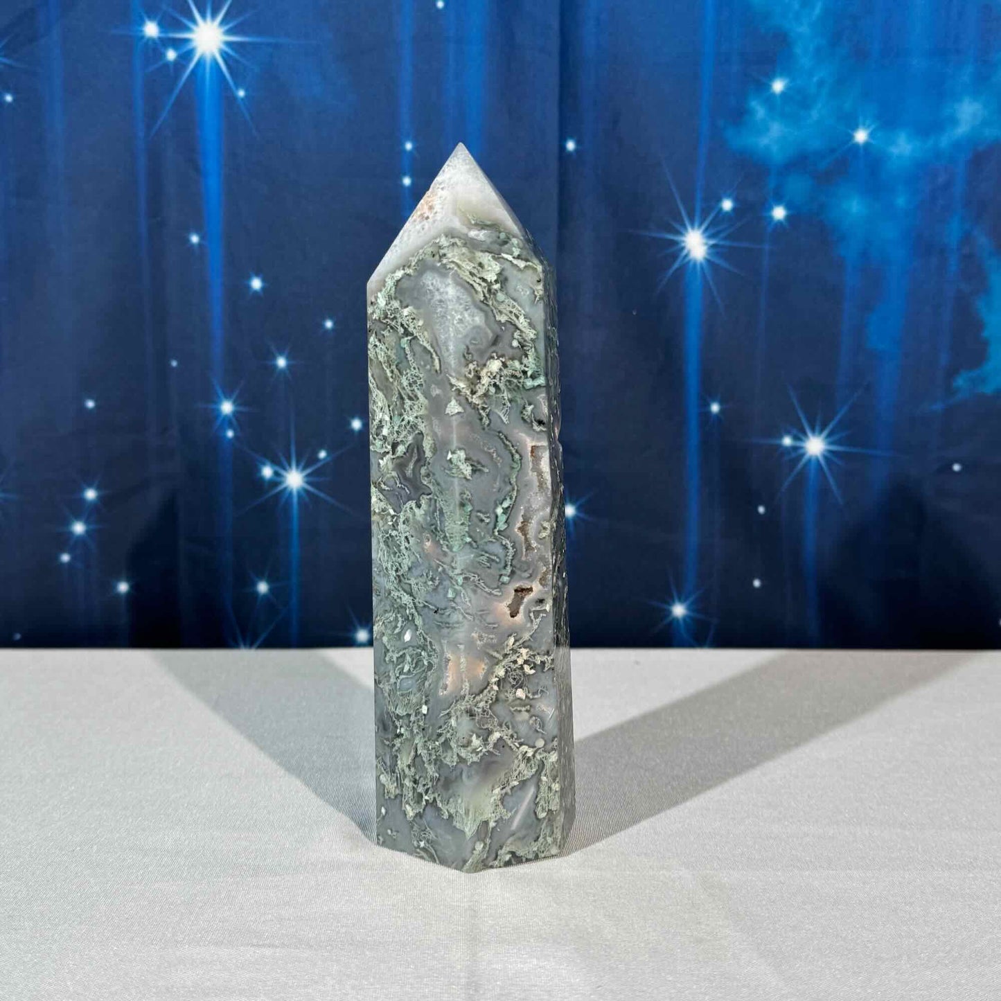 Moss Agate Druzy Tower – 1.089 kg