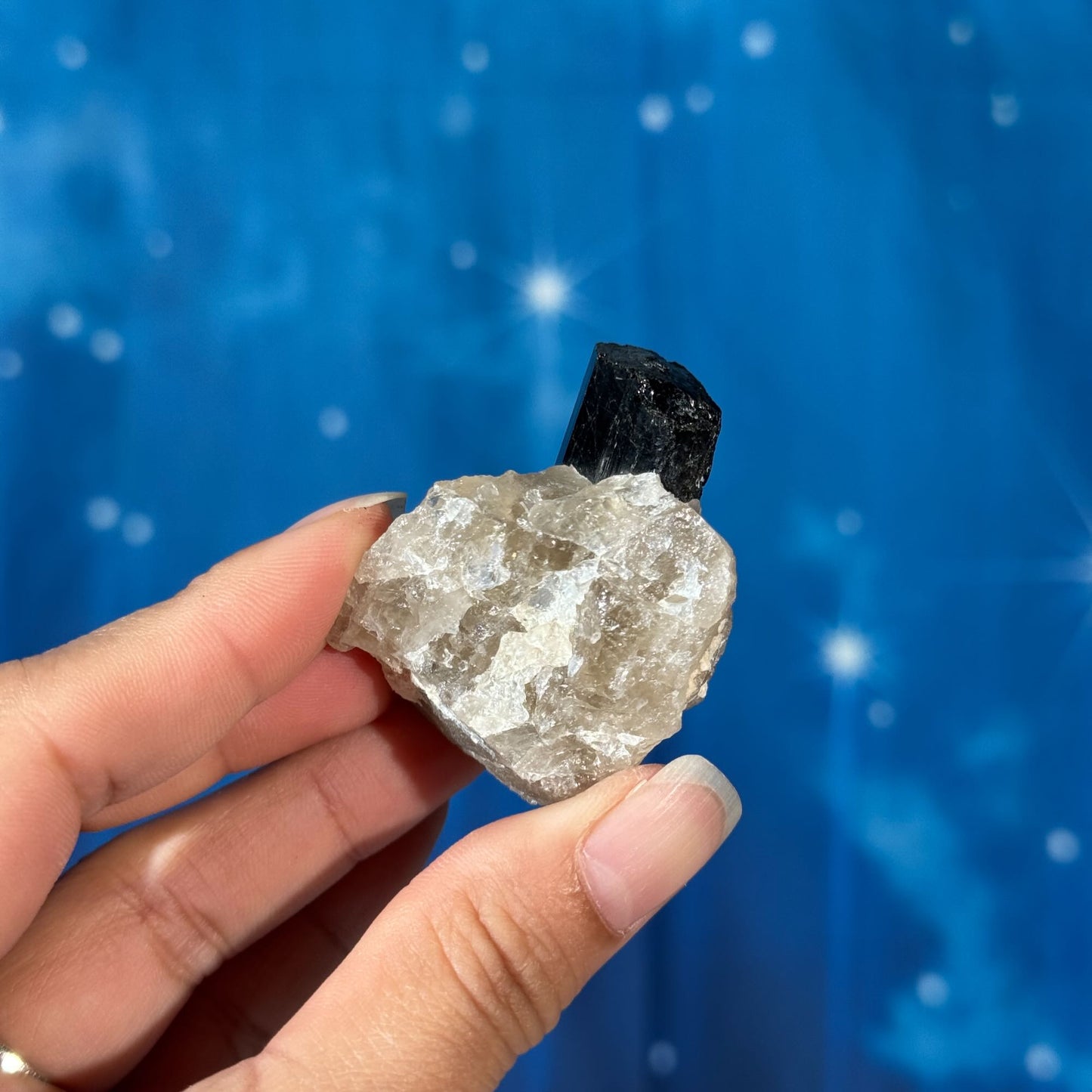 Black Tourmaline Chunk on Smoky Quartz – 0.045 kg