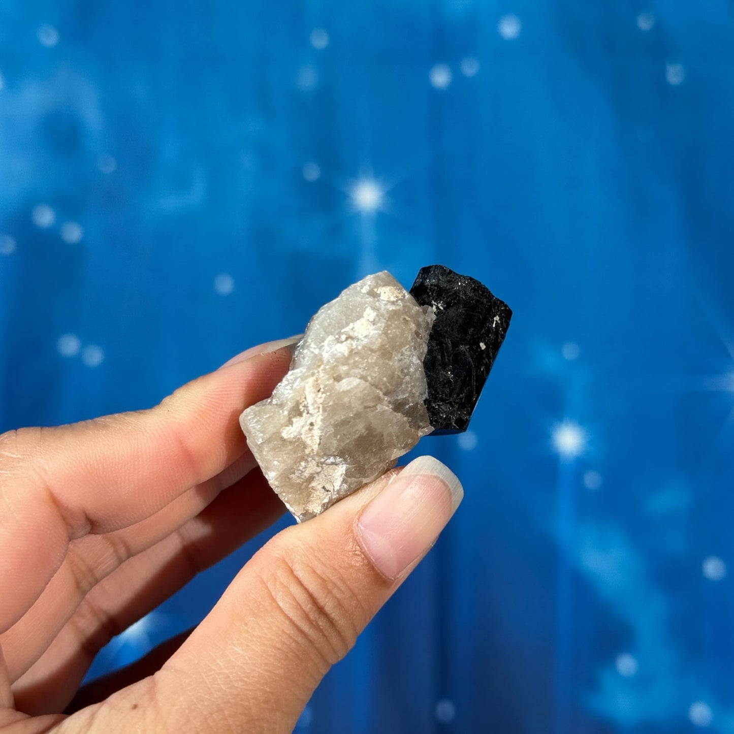 Black Tourmaline Chunk on Smoky Quartz – 0.045 kg