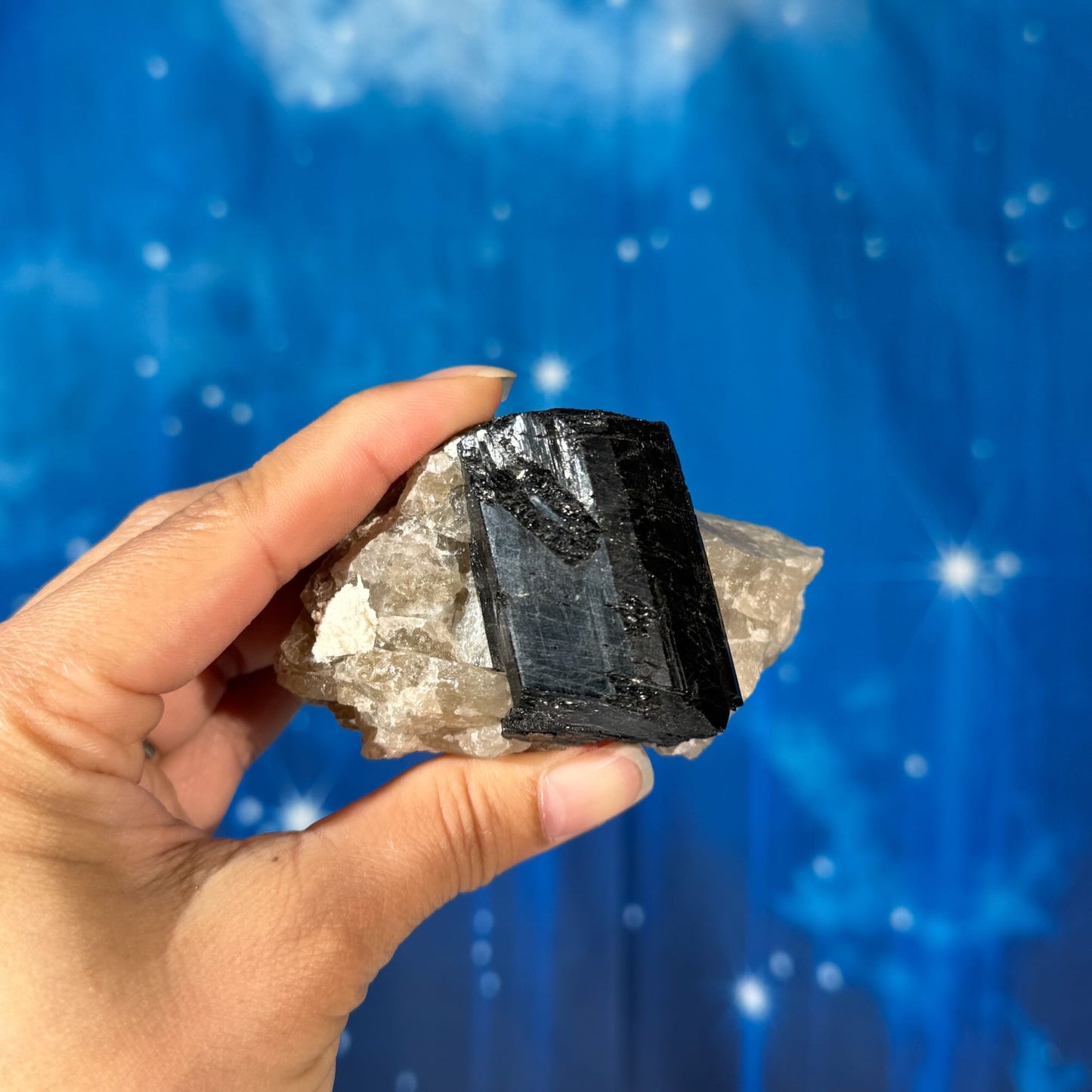 Black Tourmaline Chunk on Smoky Quartz – 0.272 kg