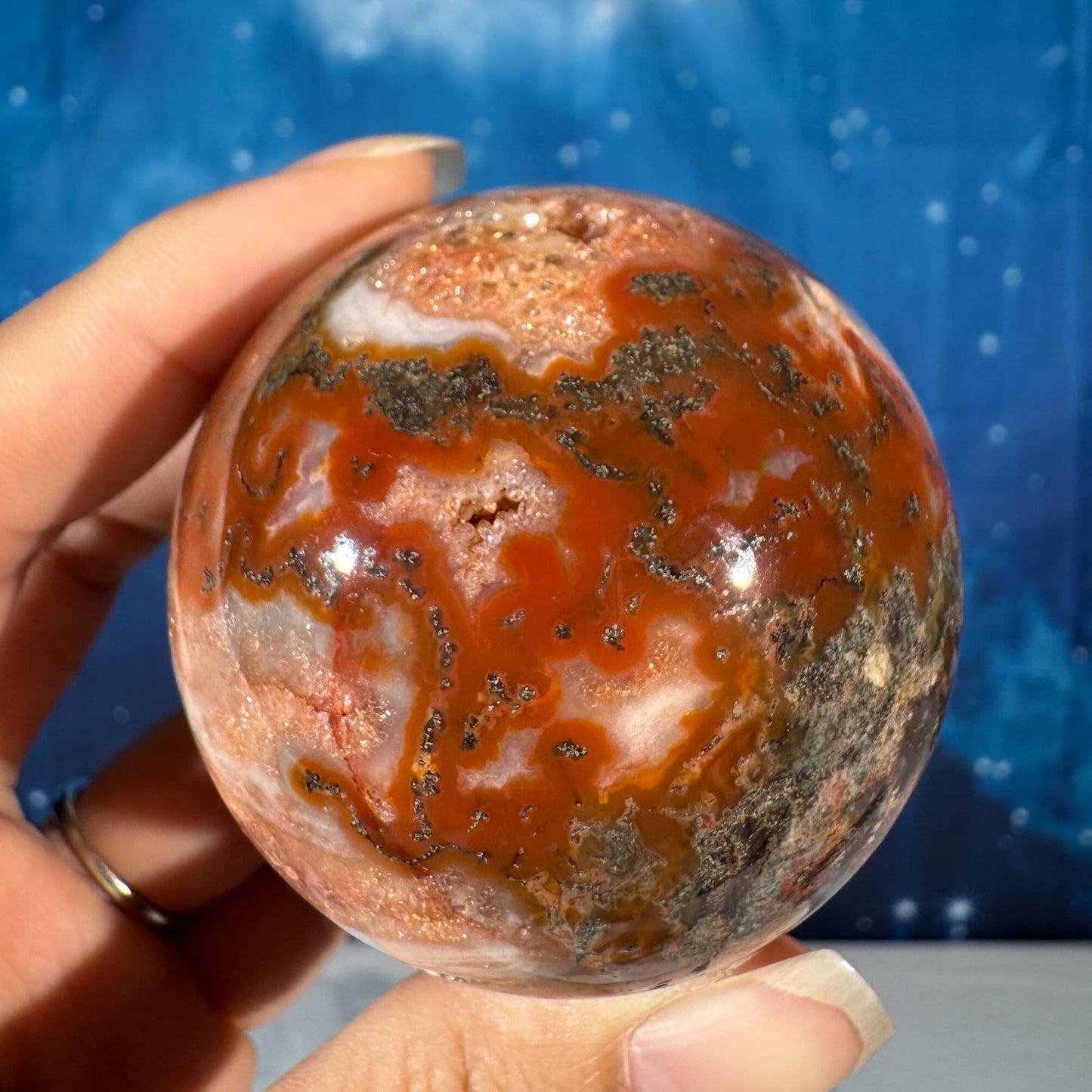 Carnelian Moss Agate Sphere – 0.235 kg