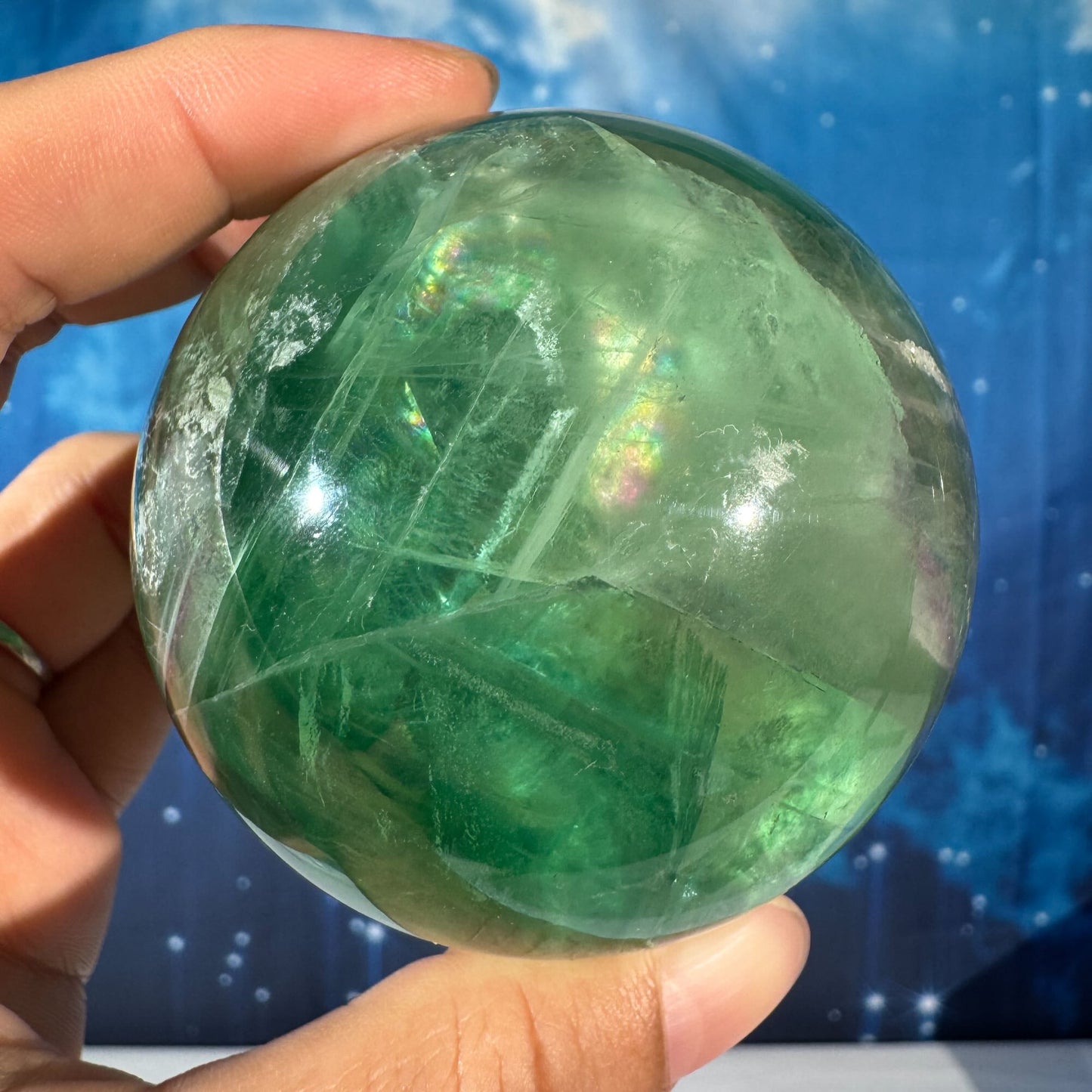 Green Fluorite Sphere – Rainbow Filled • 0.476 kg
