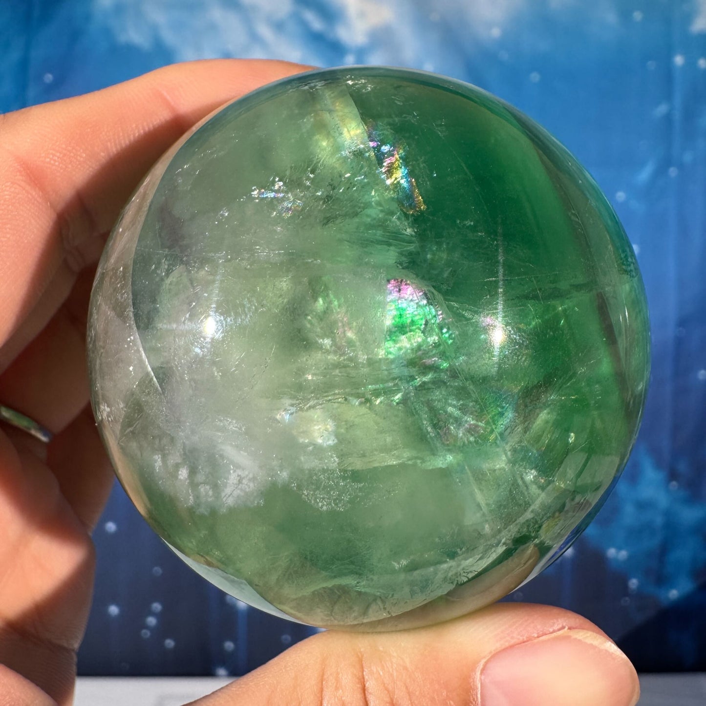 Green Fluorite Sphere – Rainbow Filled • 0.476 kg