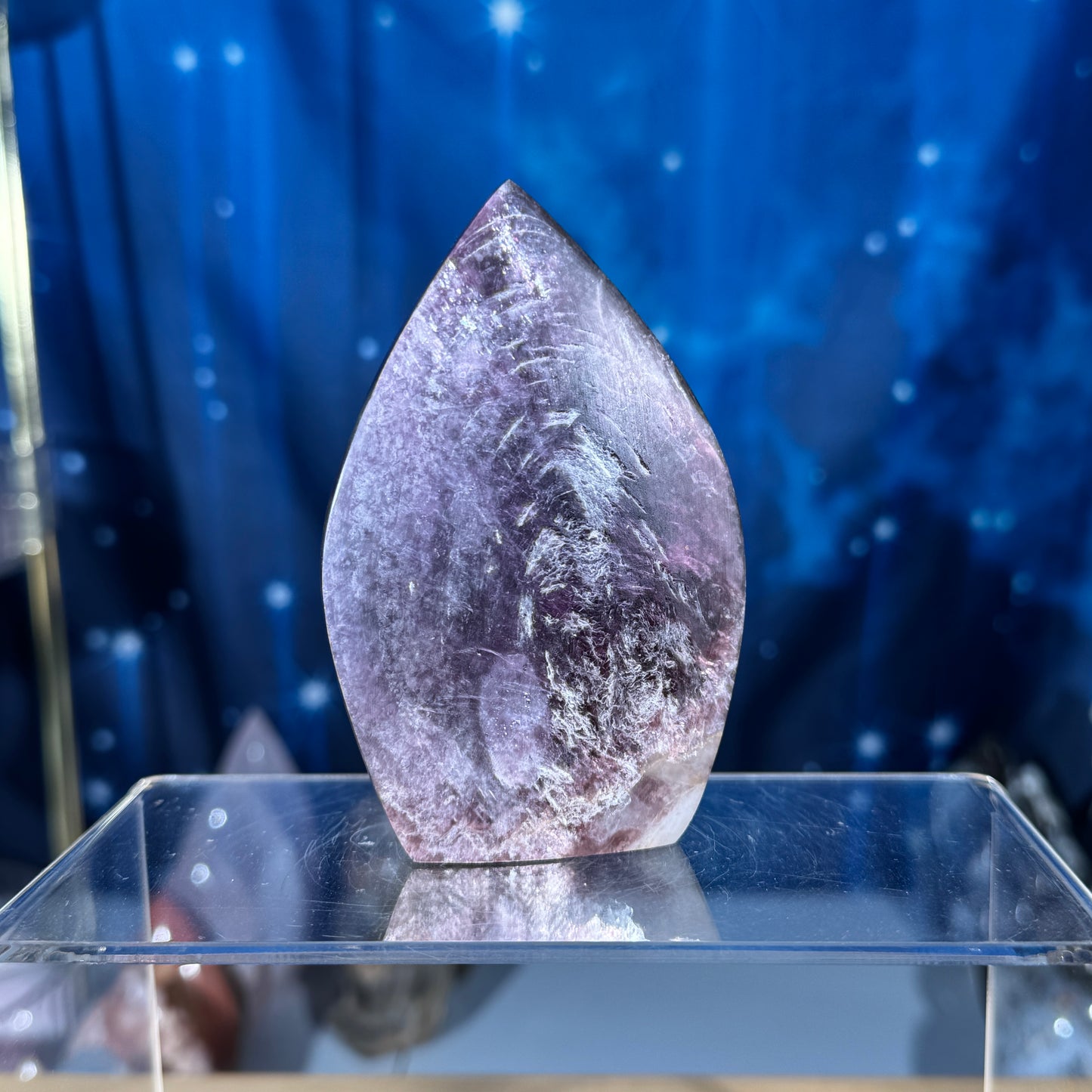 Gem lepidolite flat flame - 2 3/8 × 3/4 × 3 3/4 in - 7.1 oz