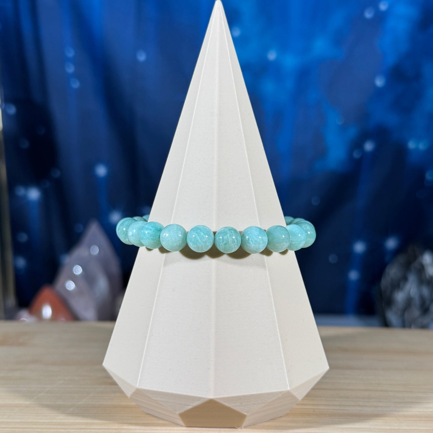One (1) Amazonite bracelet – 8 mm beads, fits 6.25″ wrist