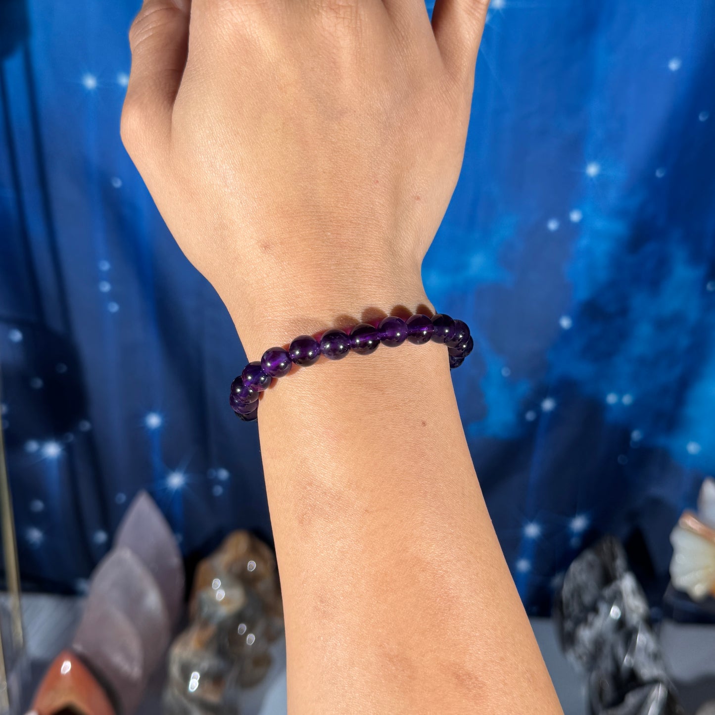 One (1) Amethyst bracelet –  8mm beads - fits 6.25" wrist