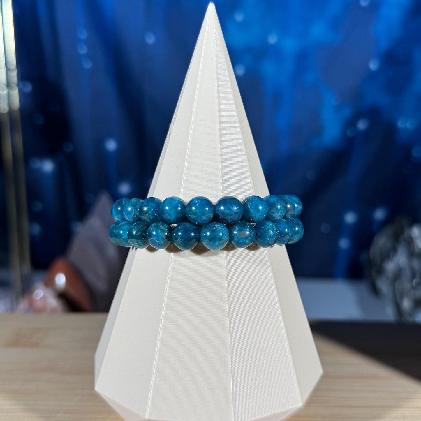 One (1) Blue apatite bracelet – 8mm beads - fits 6" wrist