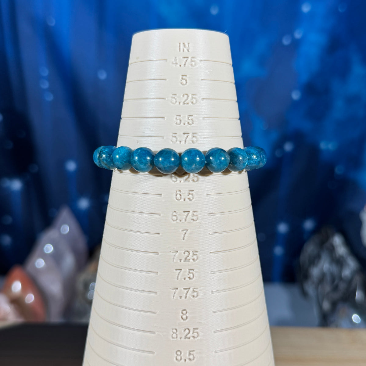 One (1) Blue apatite bracelet – 8mm beads - fits 6" wrist