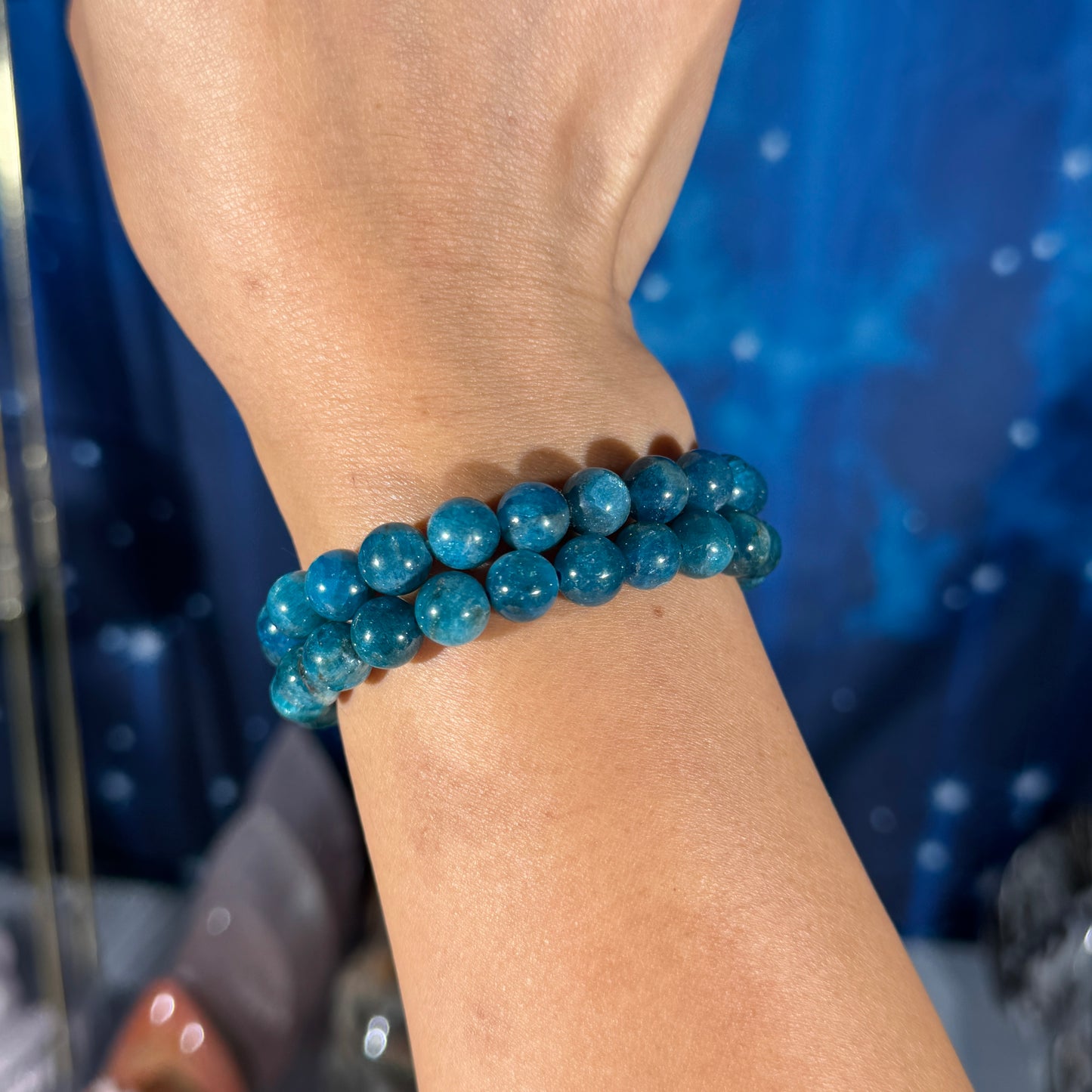 One (1) Blue apatite bracelet – 8mm beads - fits 6" wrist