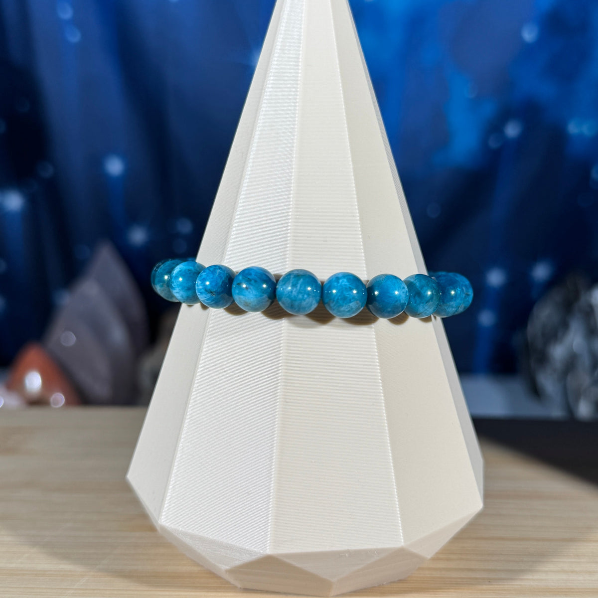 One (1) Blue apatite bracelet – 8mm beads - fits 6.5" wrist