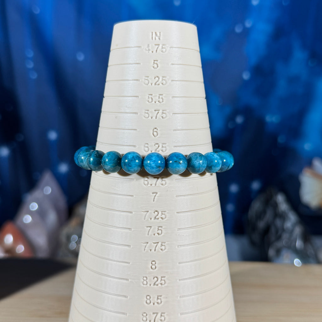 One (1) Blue apatite bracelet – 8mm beads - fits 6.5" wrist