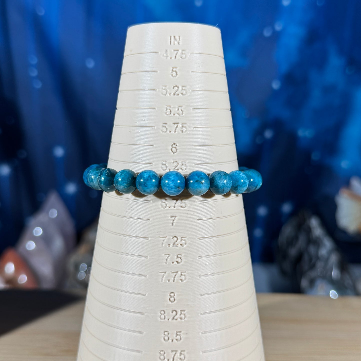 One (1) Blue apatite bracelet – 8mm beads - fits 6.5" wrist