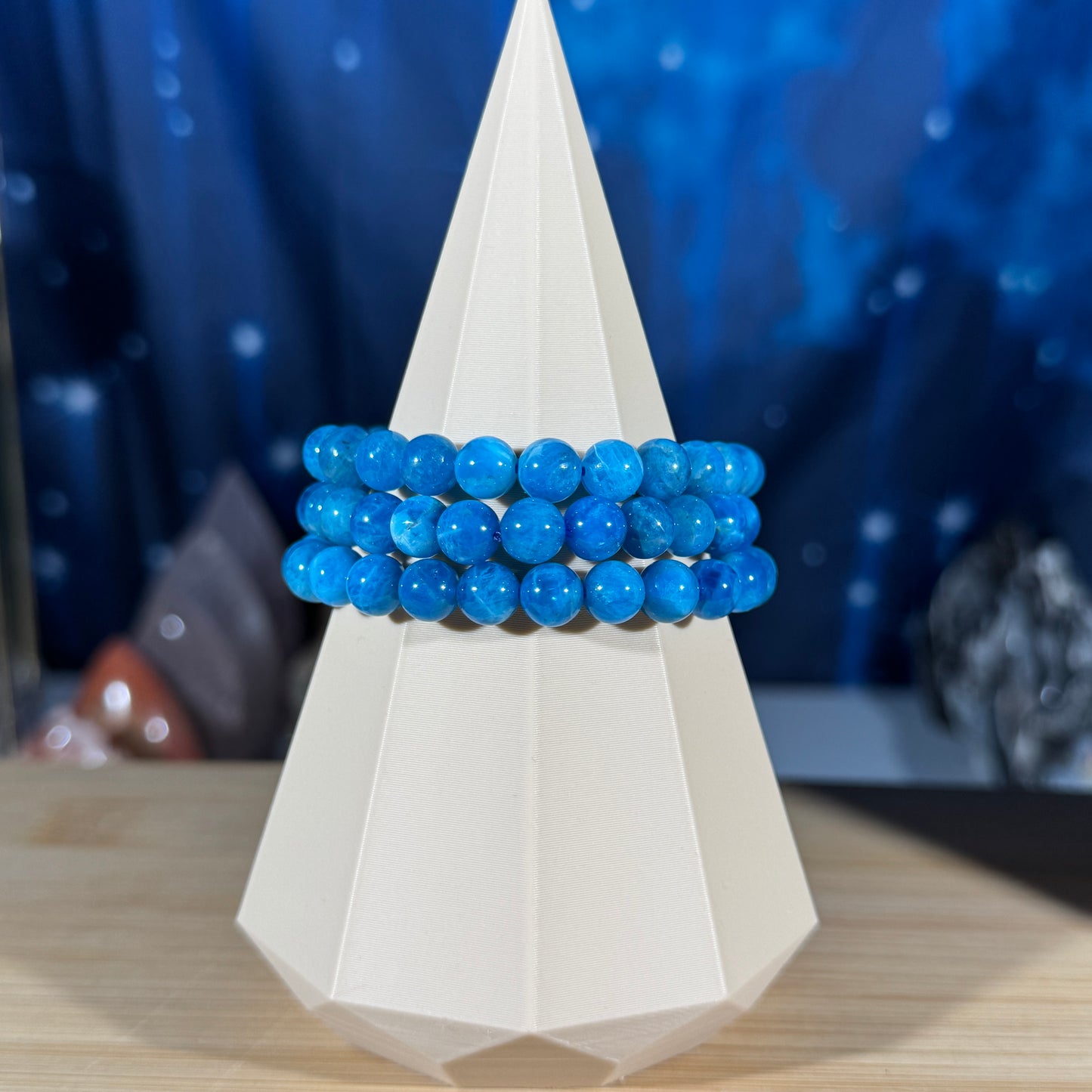 One (1) High-quality Blue Apatite bracelet - 7mm beads - fits 6.25" wrist